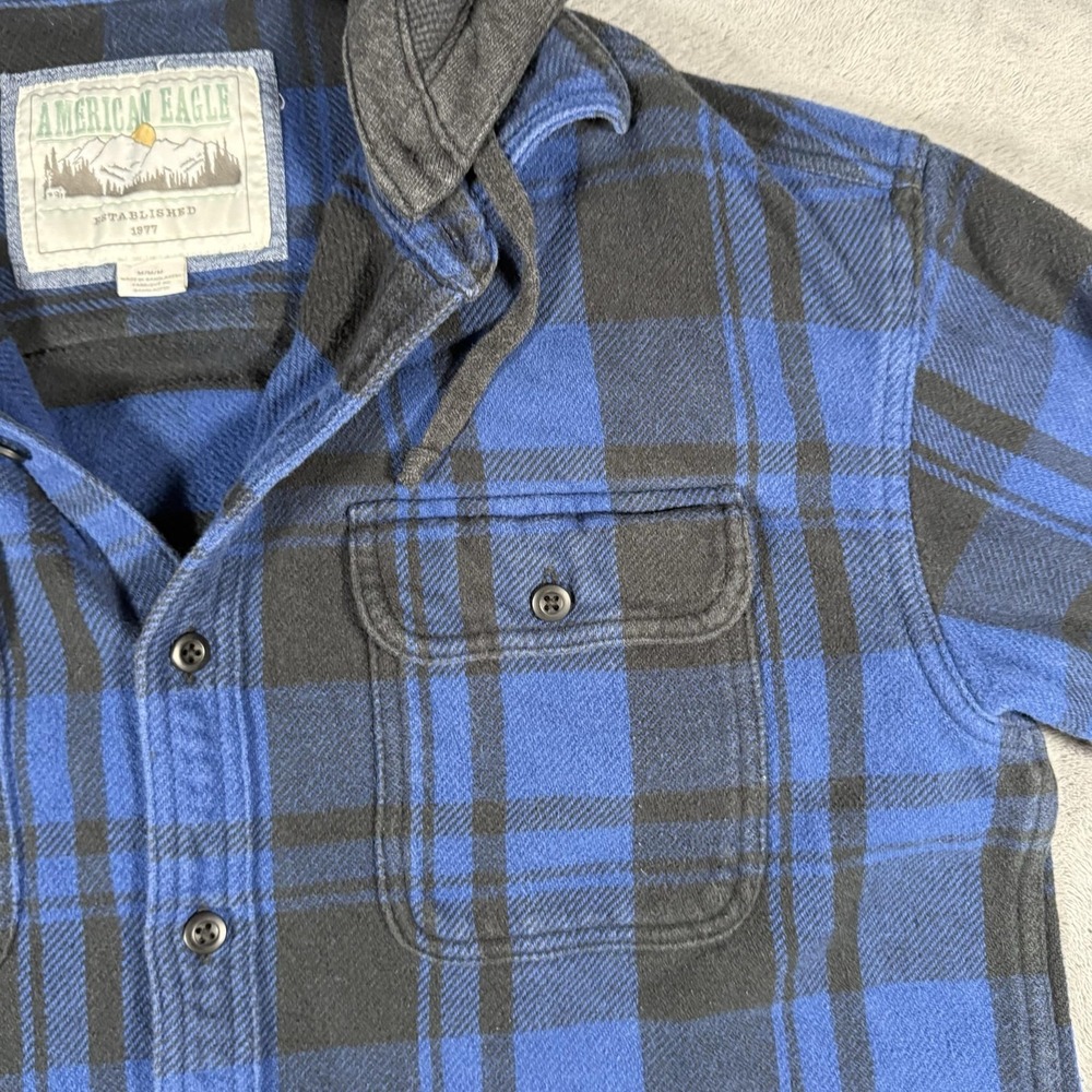 American Eagle Outfitters Flannel Shirt Mens Size M Blue Plaid Hooded Button Up - Picture 9 of 15